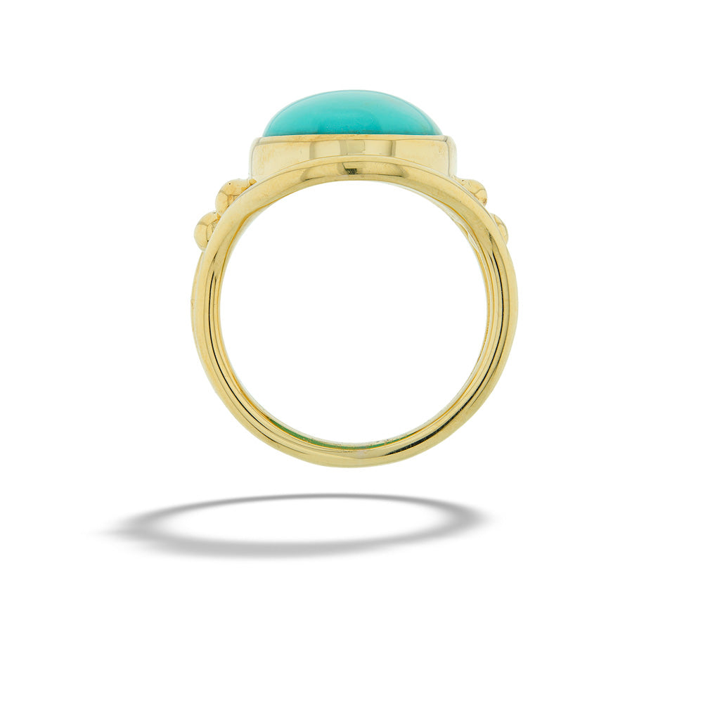 Gold ring with a turquoise stone on a white background 14K Yellow Gold Kingman Turquoise Ring by Mazza