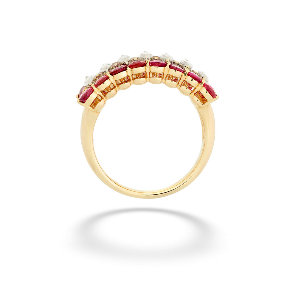 Gold ring with red gemstones on a white background Three Row Ruby and Diamond Ring