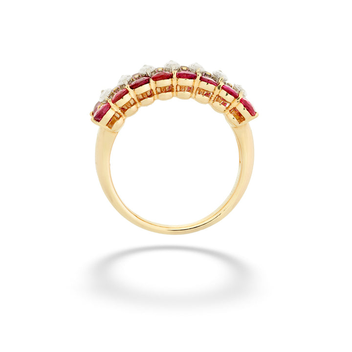 Gold ring with red gemstones on a white background Three Row Ruby and Diamond Ring