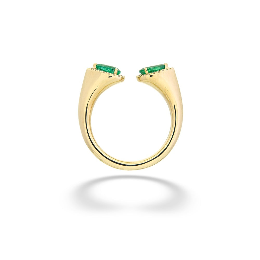Gold ring with emerald stones on a white background Open Emerald Ring by Shy Creation