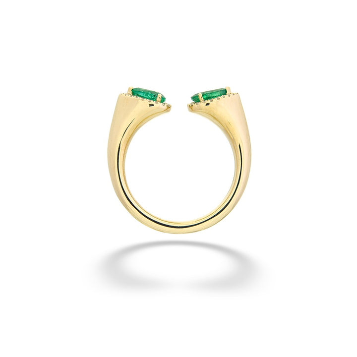 Gold ring with emerald stones on a white background Open Emerald Ring by Shy Creation