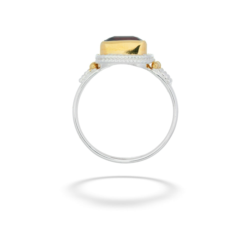 Gold and silver ring with a gemstone on a white background Garnet Ring with Gold Vermeil by Michou