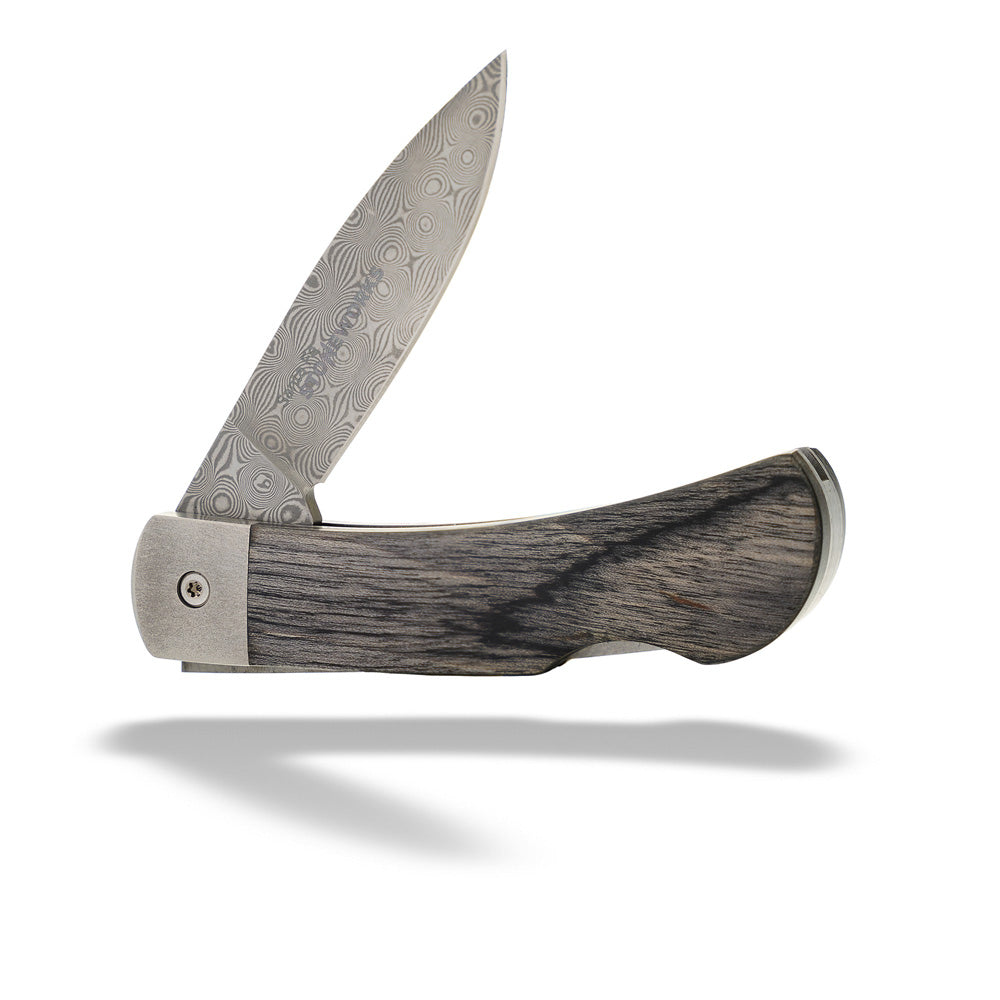 Folding knife with wooden handle on a white background Damascus Streel 3" Azurite and Bronze Knife by Santa Fe Stoneworks