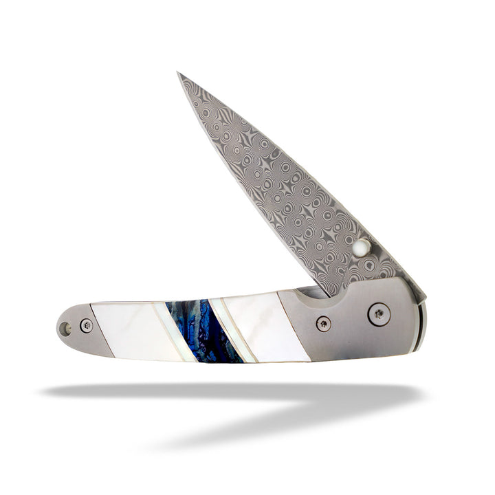 Damascus Steel 4" Knife with Mammoth Molar and Mother of Pearl Knife by Santa Fe Stoneworks