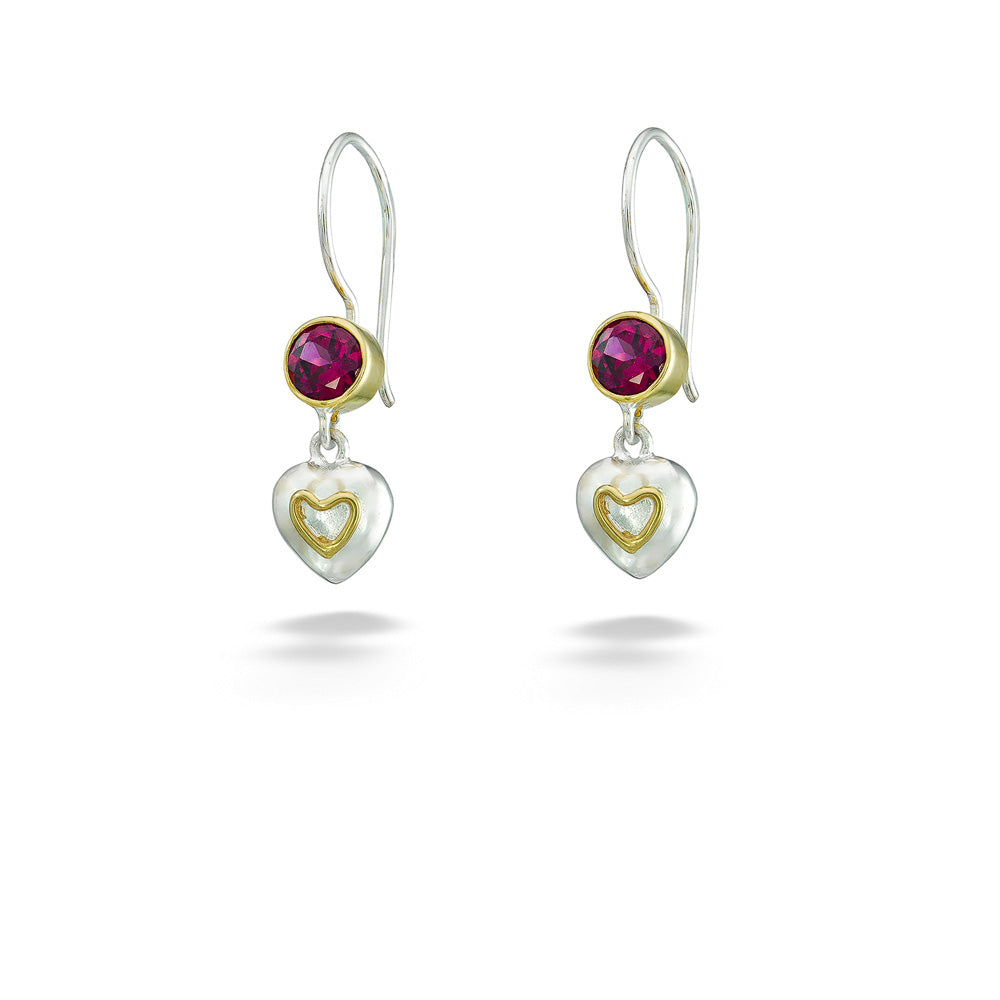 Garnet & Two-Tone Heart Drop Earrings by Michou