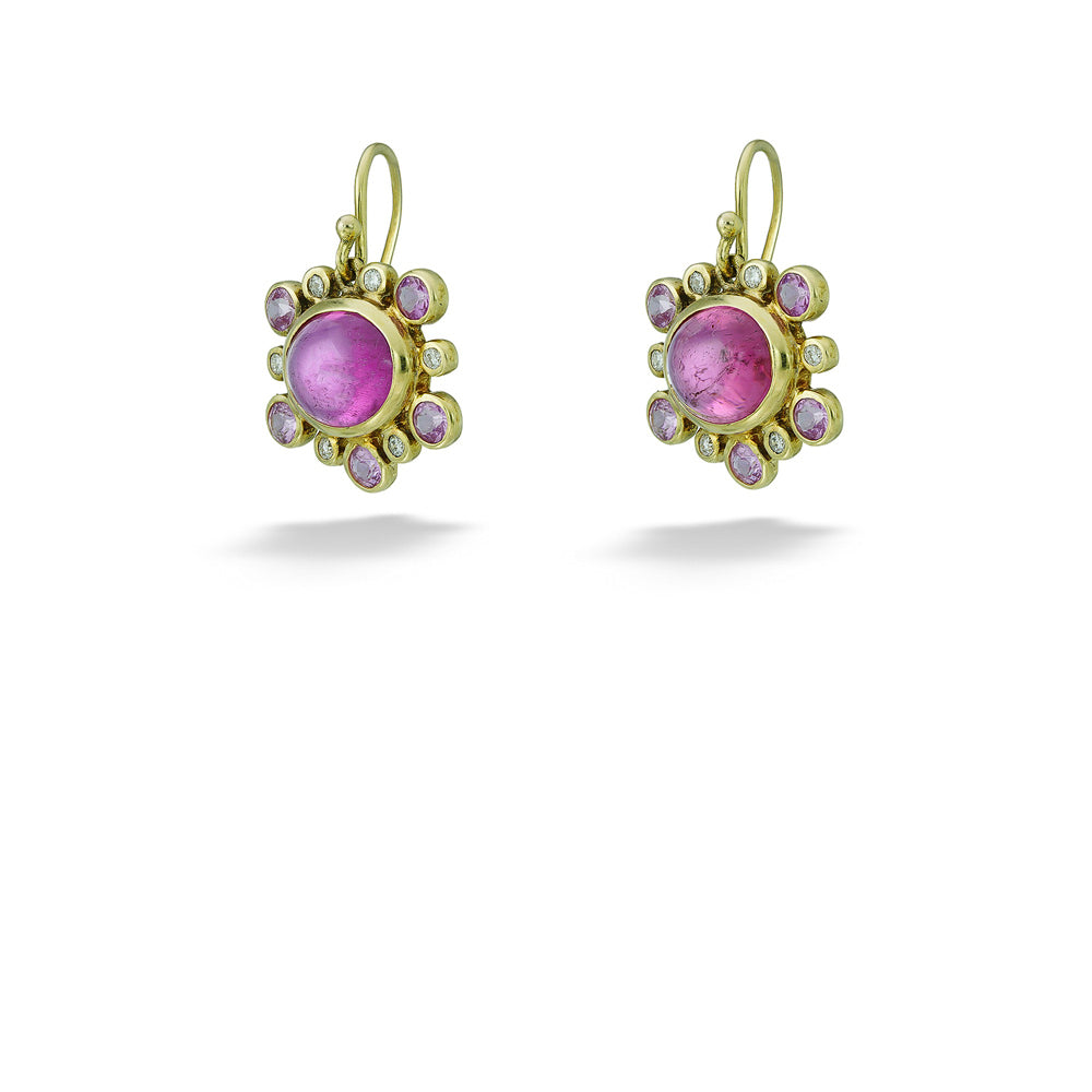 Cabochon and Faceted Pink Tourmaline & Diamond Earrings by Mazza