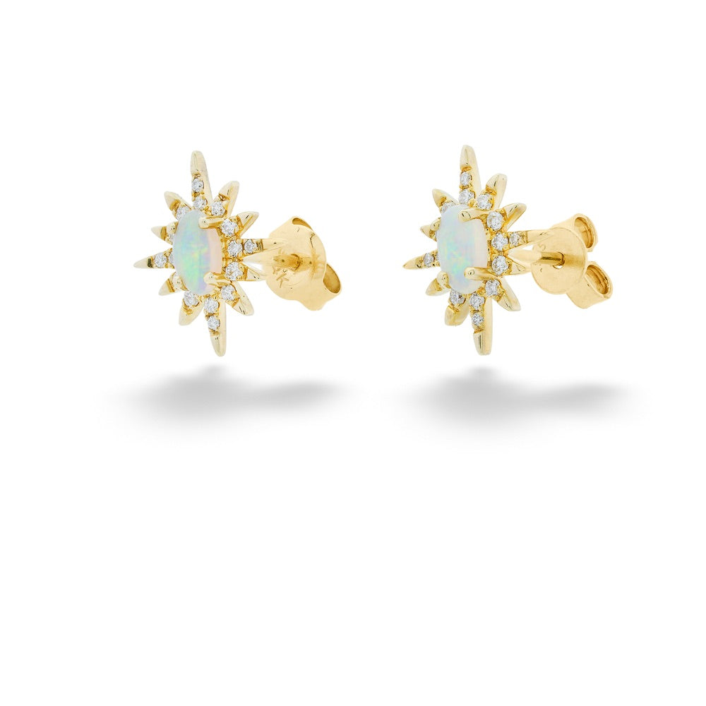 Gold earrings with opal stones on a white background Opal and Diamond Star Earrings by Parle