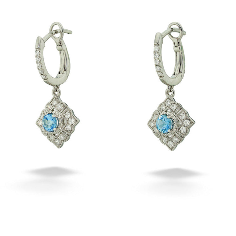 14kw 0.33cttw Aquamarine & 0.25tdw Diamond Dangle Earrings
