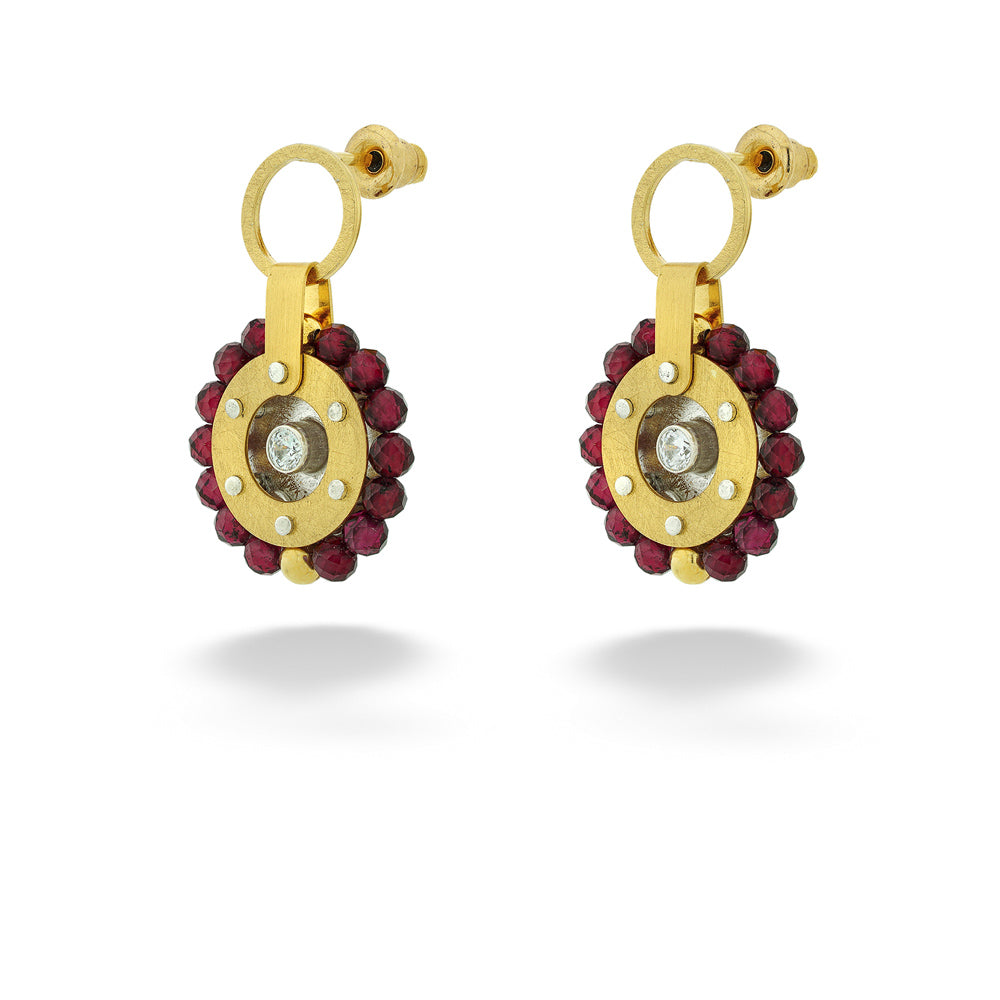 SS & Gold Plated Garnet & CZ Disc Earrings by Mysterium