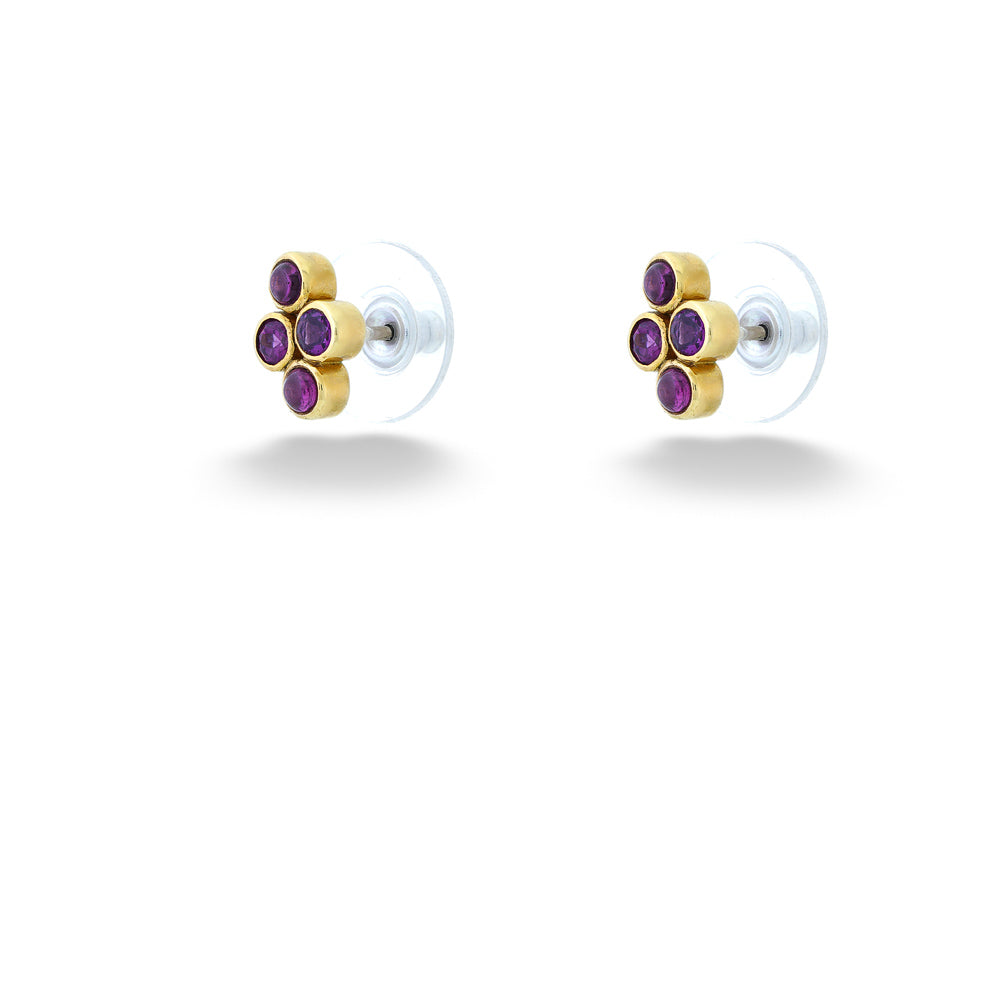 Pair of gold and purple flower-shaped earrings on a white background Rhodolite Garnet Cluster Earrings by Michou