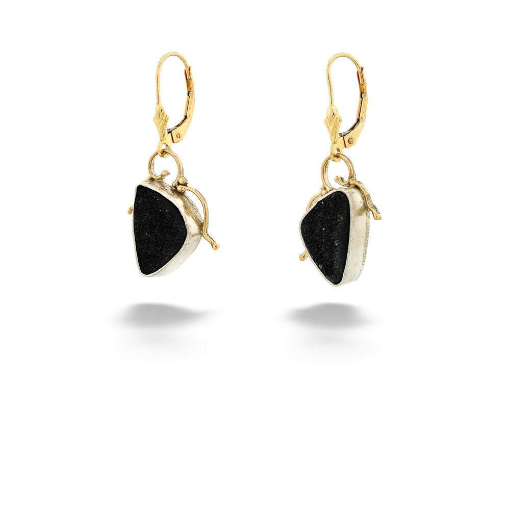 Gold earrings with black stones on a white background Triangular Black Drusy Earrings