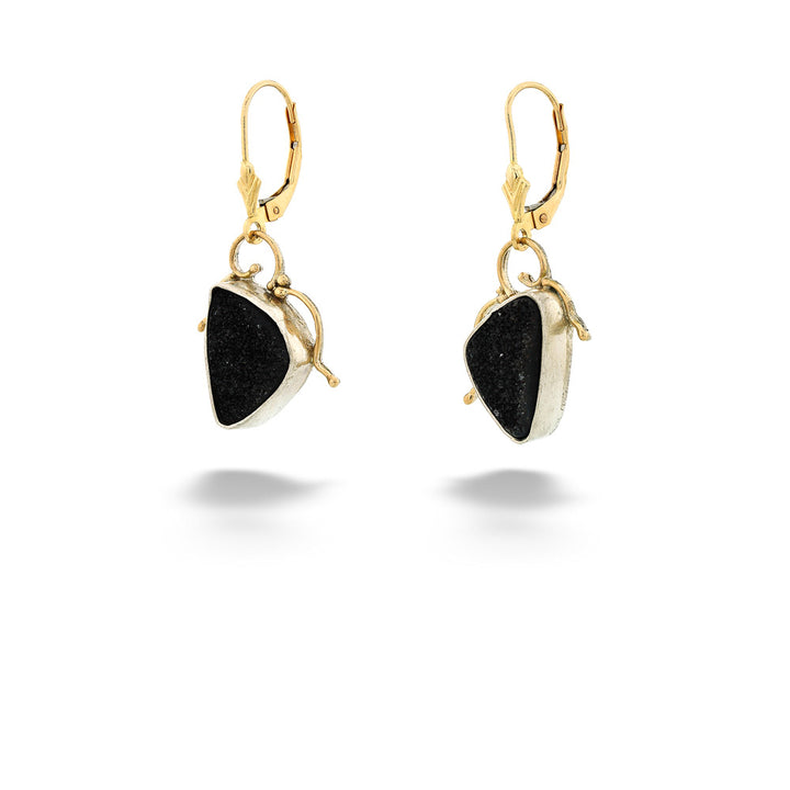 Gold earrings with black stones on a white background Triangular Black Drusy Earrings