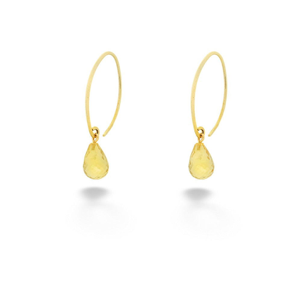 Gold teardrop earrings on a white background Citrine Briolette Earrings