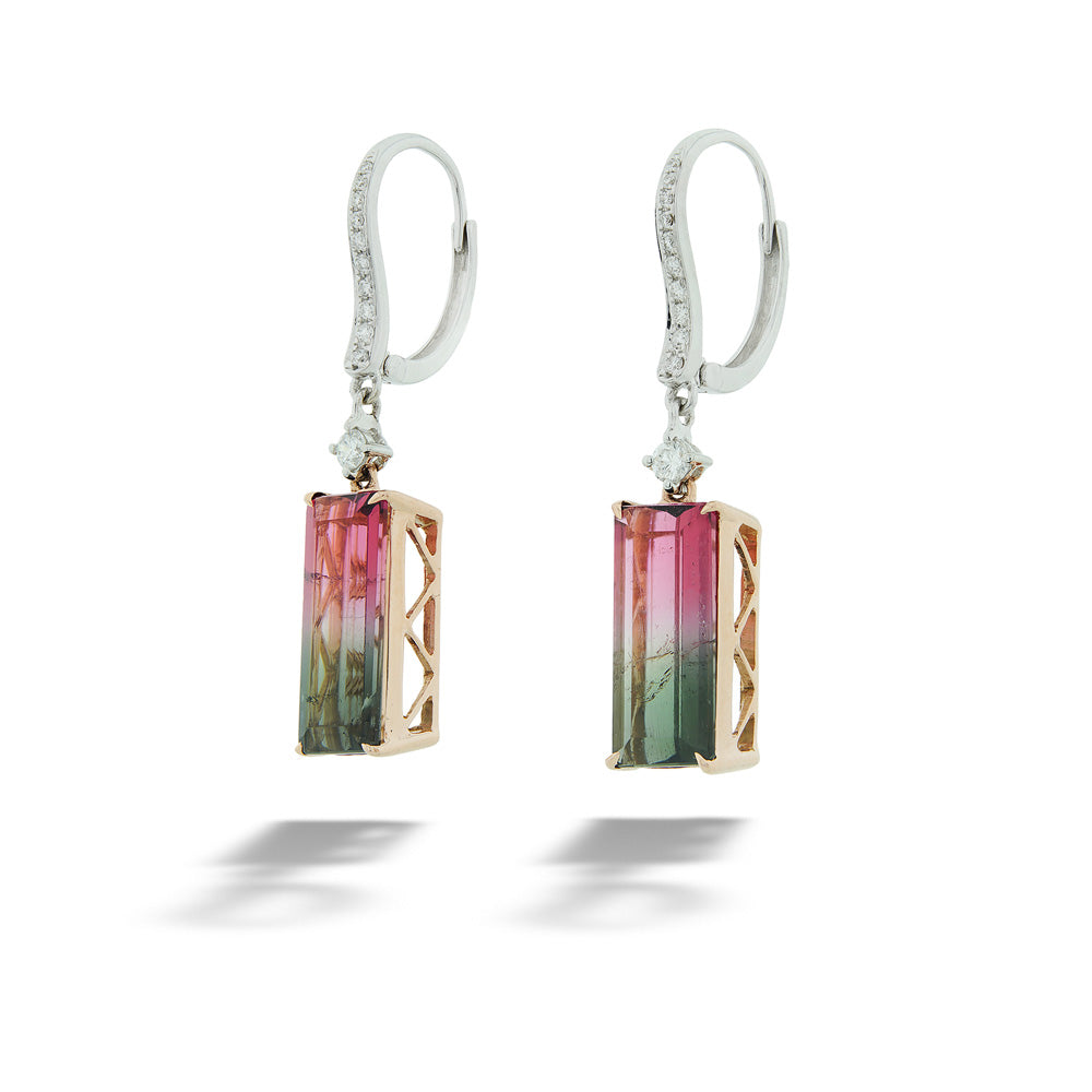 Pair of earrings with multicolored gemstones and rose gold accents on a white background Bi-Color Watermelon Tourmaline Earrings