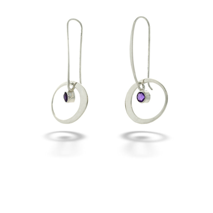 Silver earrings with purple gemstones on a white background  Amethyst Elliptical Elegance Earrings by E.L. Designs 
