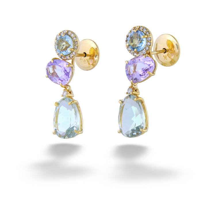 Gold earrings with multicolored gemstones on a white background Amethyst, Blue Topaz, and Praziolite Earrings by Vianna Brasil
