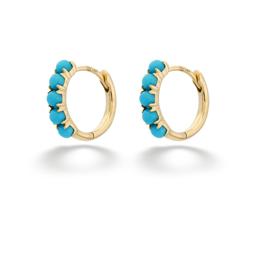 Gold hoop earrings with turquoise beads on a white background Composite Turquoise Huggie Earrings by Shy Creation