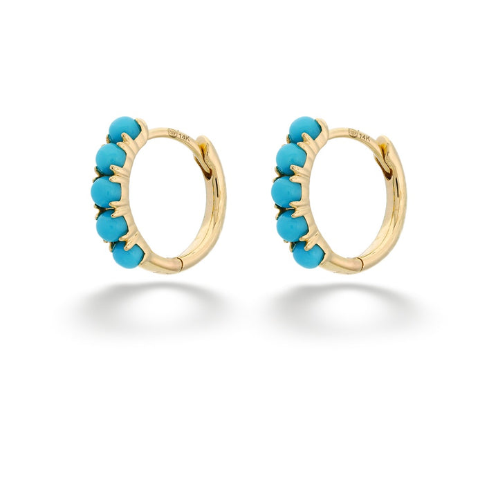 Gold hoop earrings with turquoise beads on a white background Composite Turquoise Huggie Earrings by Shy Creation
