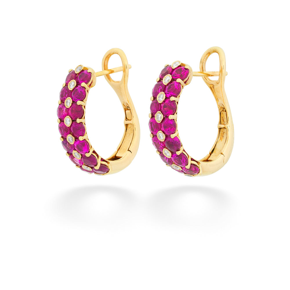Gold hoop earrings with pink gemstones on a white background Ruby and Diamond Hoop Earrings