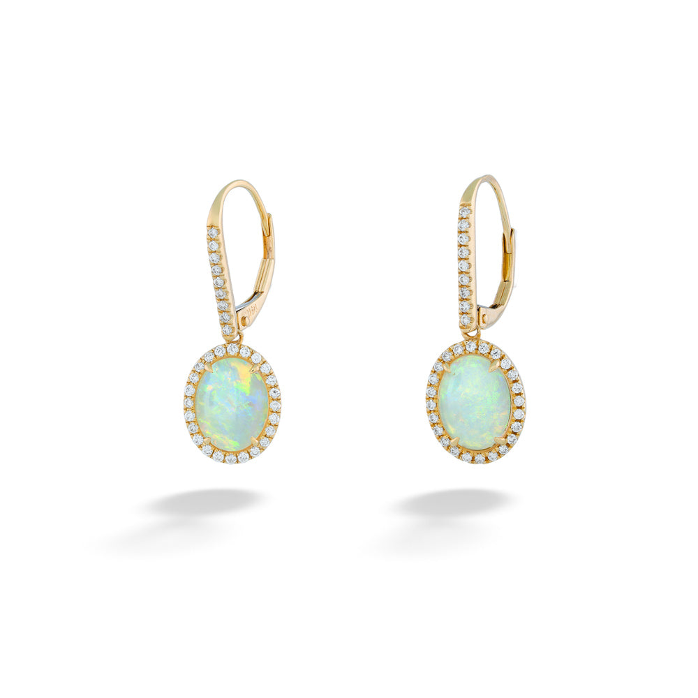 Gold earrings with opal stones on a white background Australian Opal and Diamond Halo Dangle Earrings