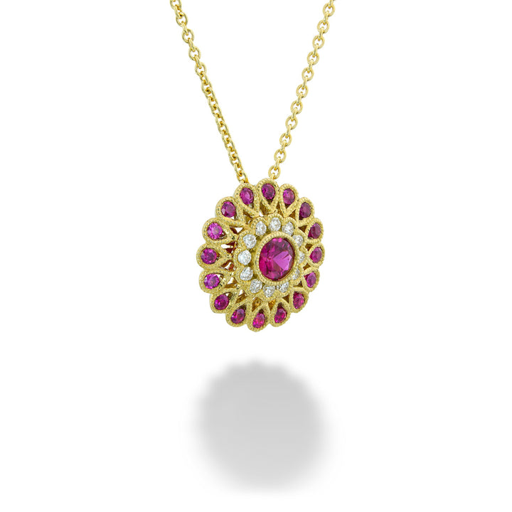 Yellow Gold Ruby & Diamond Daisy Necklace