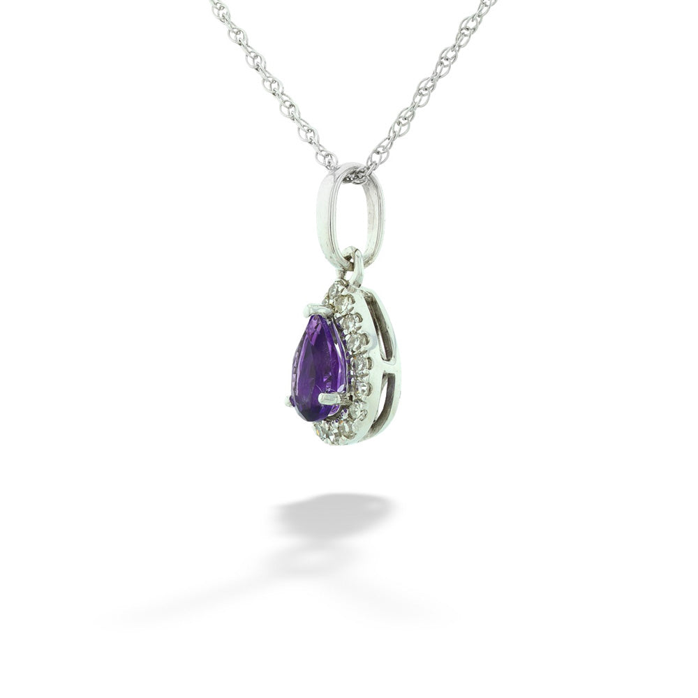 10kw 5x3mm Pear Shape Amethyst & 0.07tdw Diamond Halo Pendant & Chain 18"