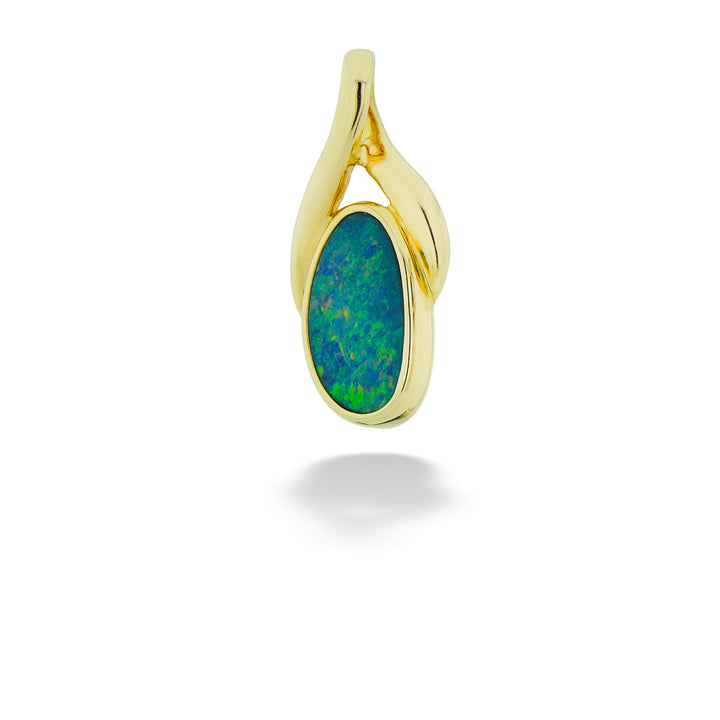 Gold pendant with a green opal stone on a white background
