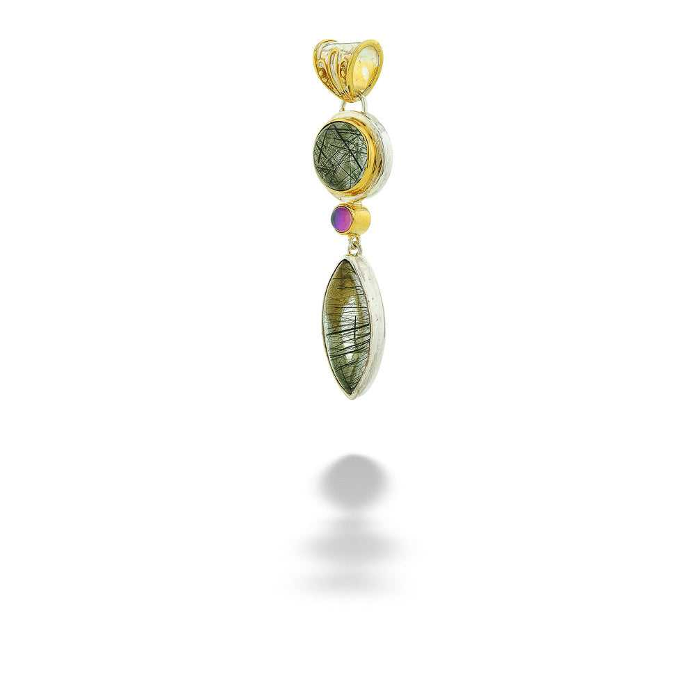 SS & 22kt Gold Vermeil Tourmalinated Quartz & Mystic Fire Quartz Pendant by Michou