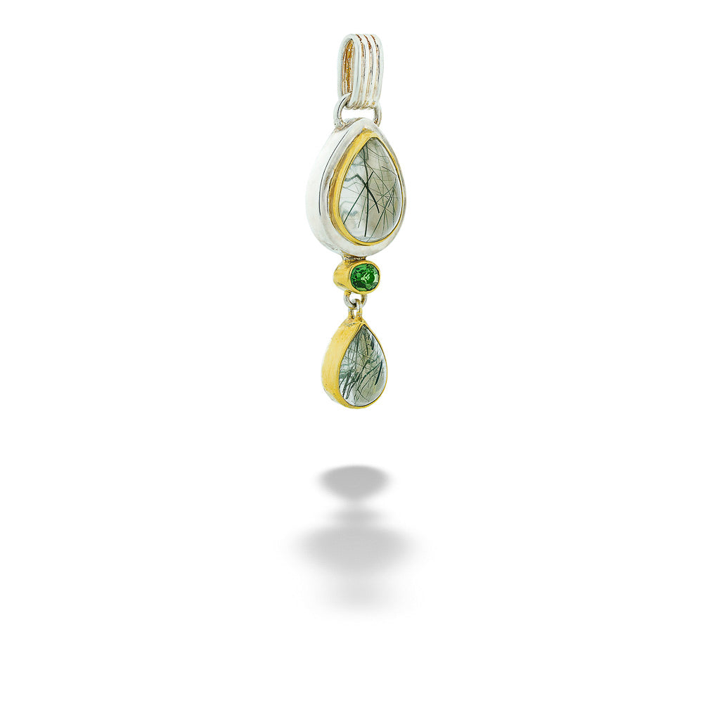 SS & 22kt Gold Vermeil Tourmalinated Quartz & Chrome Diopside Pendant by Michou