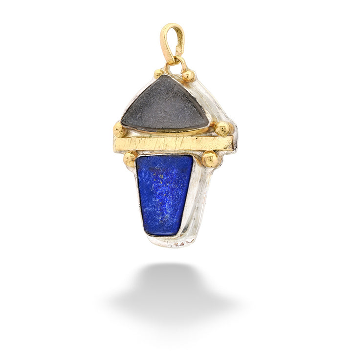 Jewelry pendant with gold and silver accents on a white background Lapis and Drusy Pendant by The Village Smithe 