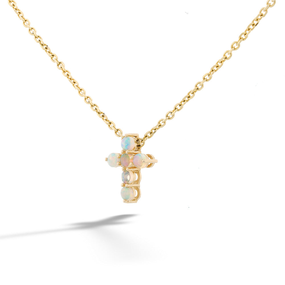 14K Yellow Gold Australian Opal Cross Pendant Necklace