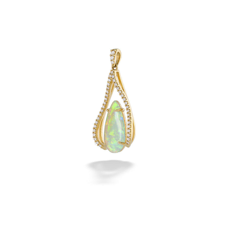 Gold pendant with a green opal stone on a white background Australian Opal Drop and Diamond Pendant