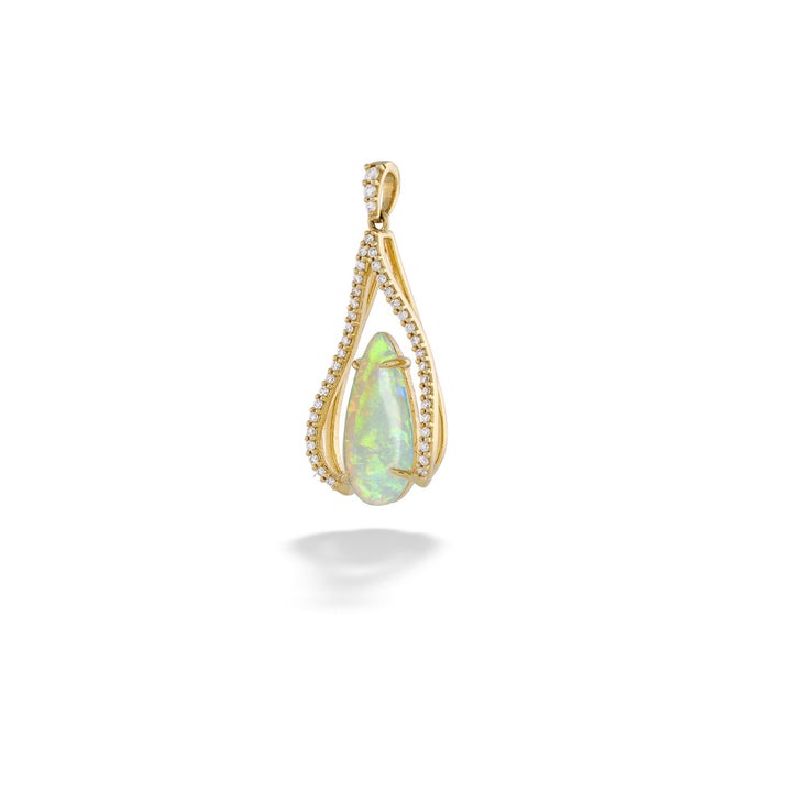 Gold pendant with a green opal stone on a white background Australian Opal Drop and Diamond Pendant