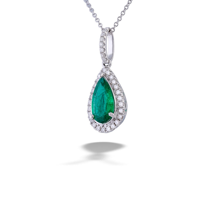  Teardrop Emerald and Diamond Halo Necklace 