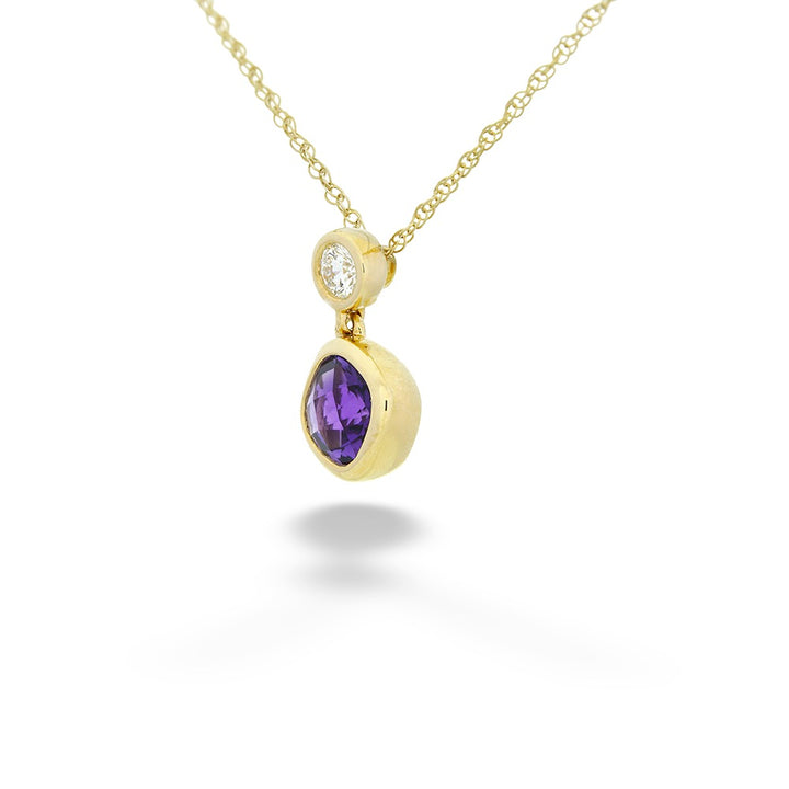 Gold necklace with a purple gemstone pendant on a white background Cushion Cut Amethyst Pendant Necklace