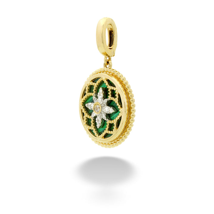 Gold pendant with green and white design on a white background Malachite and Diamond Bujukan Medallion by Gabriel & Co. 