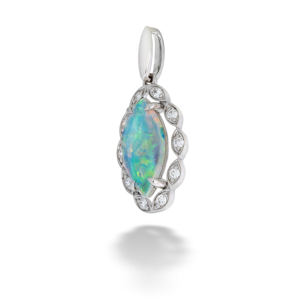 Opal pendant with silver frame and clear stones on a white background  Marquise Opal Pendant with Diamond Halo 