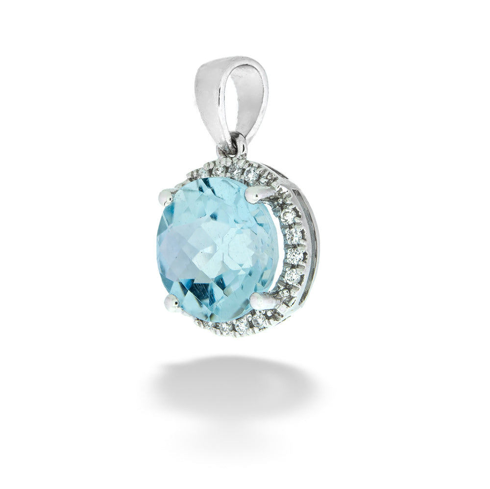 Silver pendant with a blue gemstone on a white background Aquamarine and Diamond Halo Pendant