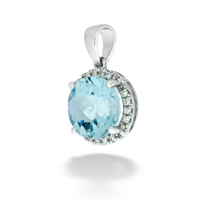 Silver pendant with a blue gemstone on a white background Aquamarine and Diamond Halo Pendant