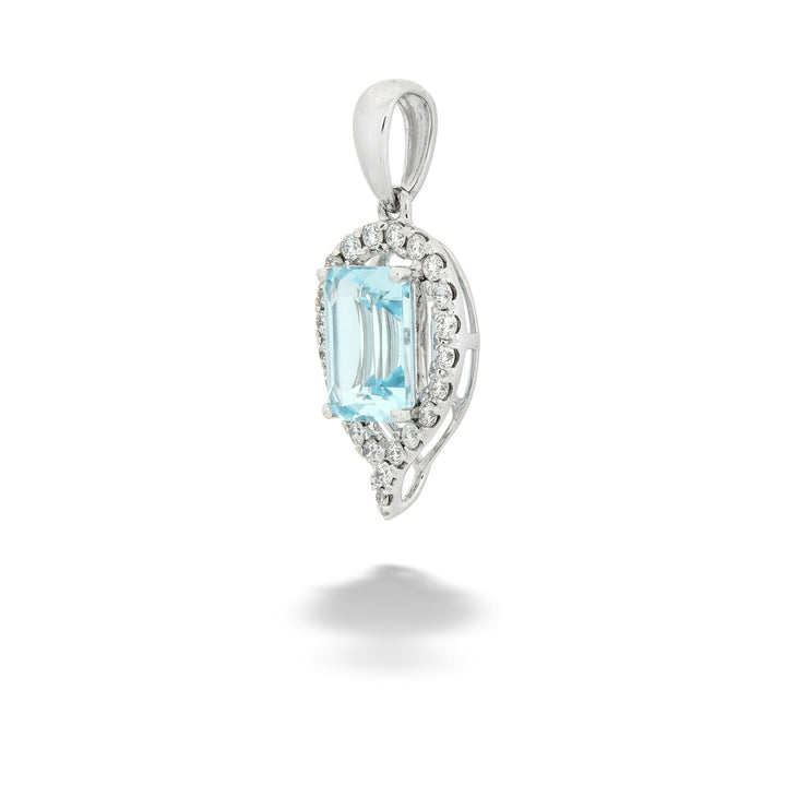 Silver pendant with a blue gemstone on a white background Blue Topaz &amp;amp; Diamond Pendant 