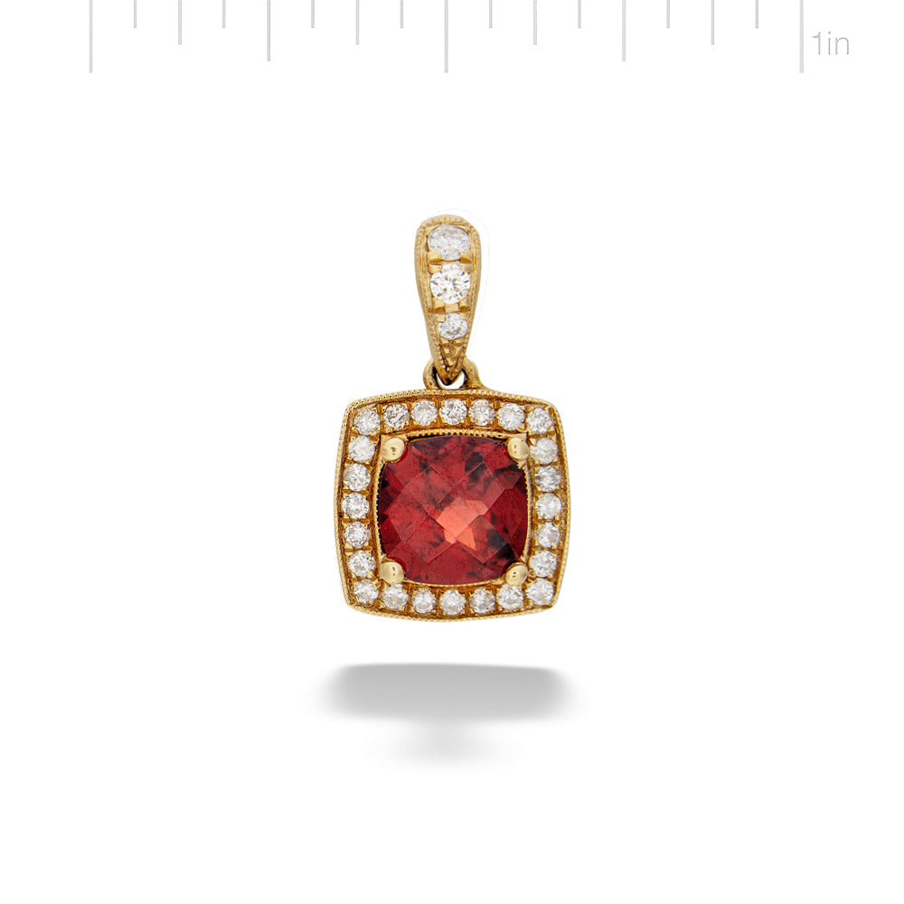 Gold pendant with a red gemstone and diamonds on a white background  Cushion-Cut Garnet Pendant 