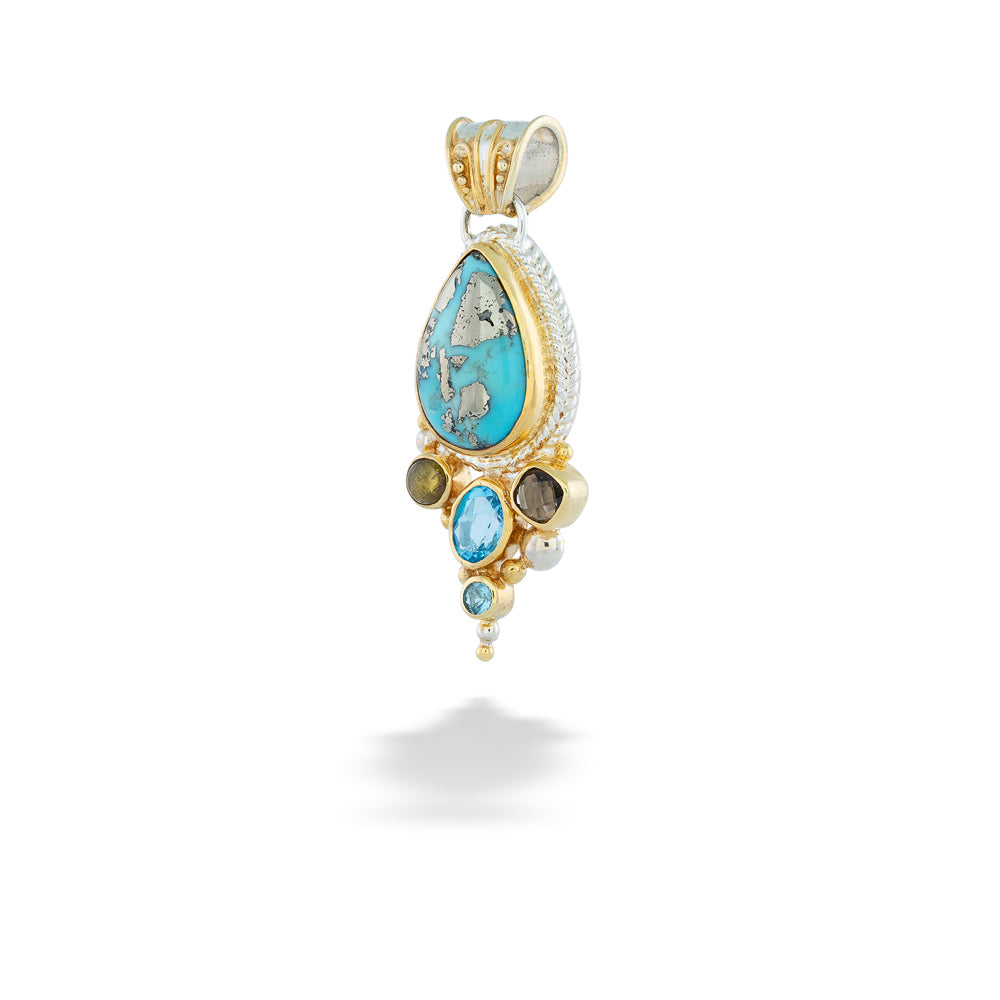 Gold pendant with turquoise and other stones on a white background Multi-Stone Drop Pendant by Michou