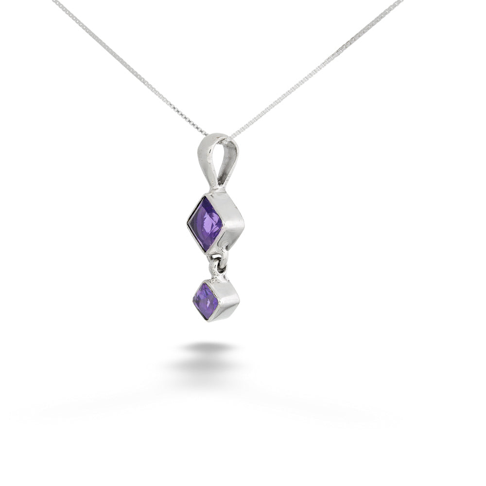 Silver pendant with purple gemstones on a white background Square Amethyst Drop Pendant Necklace by Acleoni
