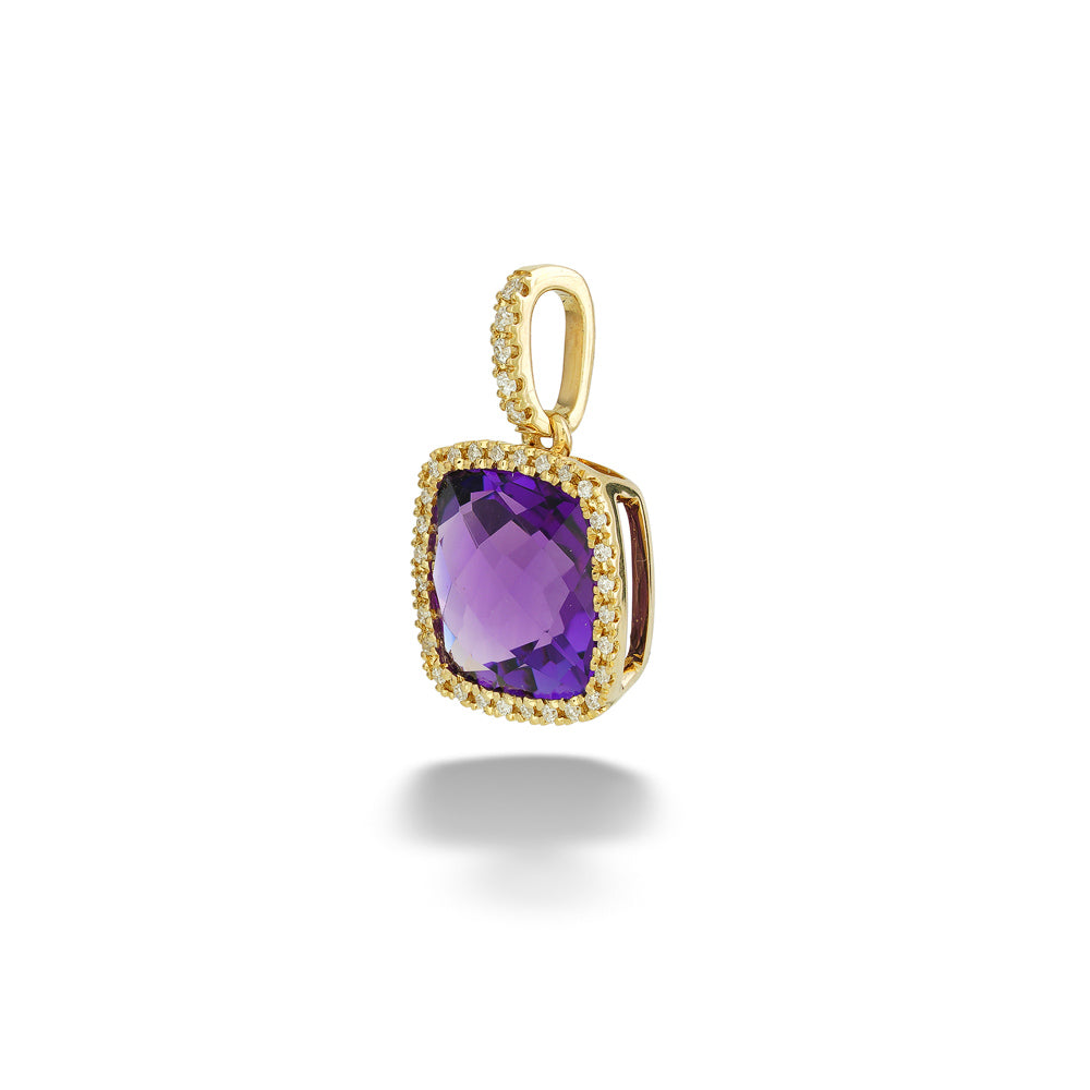 A gold pendant featuring a cushion-cut purple amethyst center stone surrounded by a halo of small clear stones, shown on a white background with a soft shadow. Cushion-Cut Amethyst and Diamond Pendant