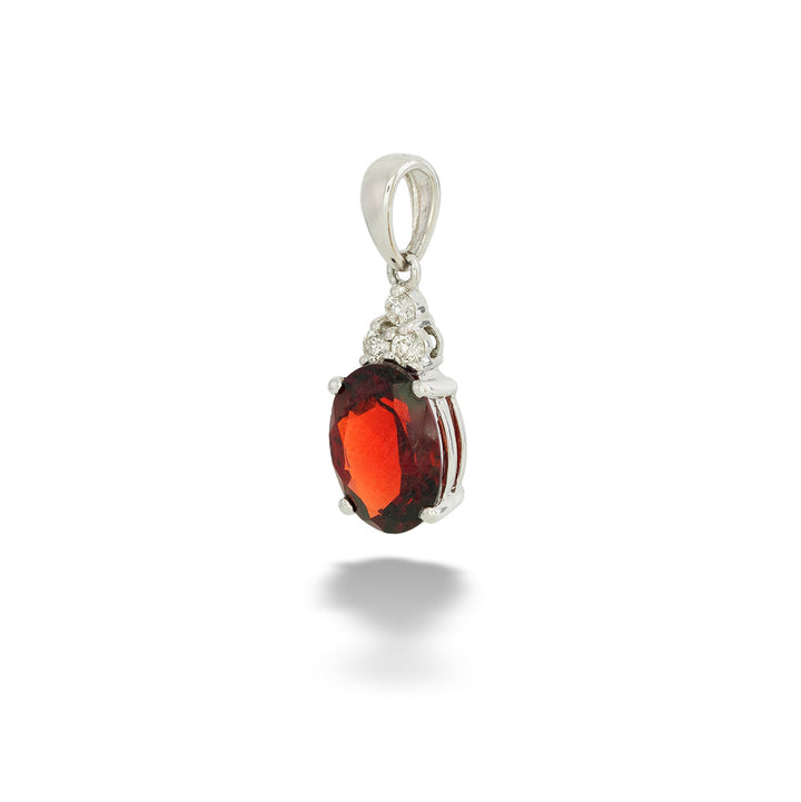 white gold, Oval Garnet Pendant with Diamonds angled to the right