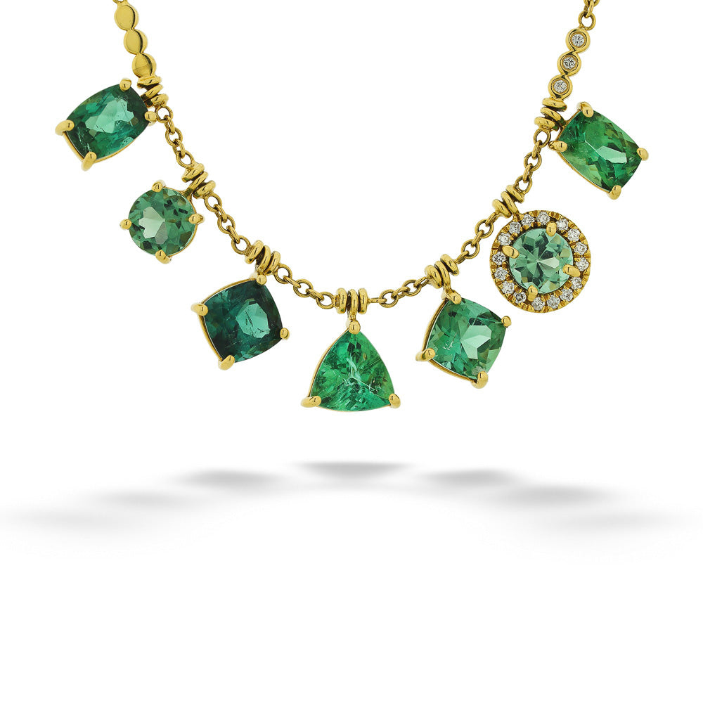 Blue & Green Mixed Shape Tourmaline & Diamond Fringe Necklace by Lauren K.