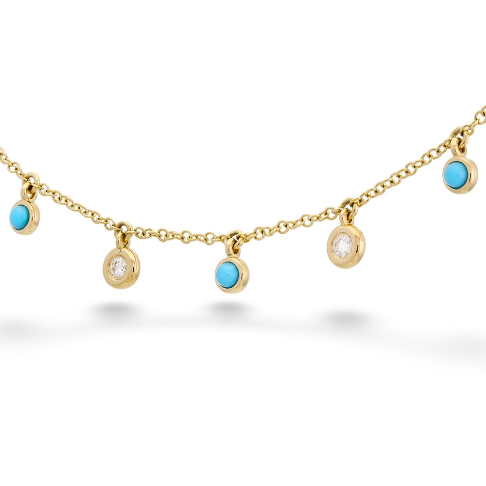 Gold necklace with turquoise and diamond pendants on a white background Diamond and Composite Turquoise Necklace by Shy Creation 