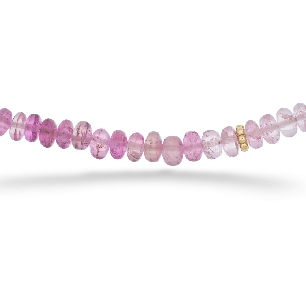 Necklace with pink beads on a white background Beaded Watermelon Tourmaline Necklace by Lauren K. 