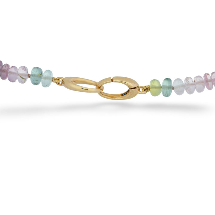 Multicolored beaded bracelet with a gold clasp on a white background Beaded Watermelon Tourmaline Necklace by Lauren K. 