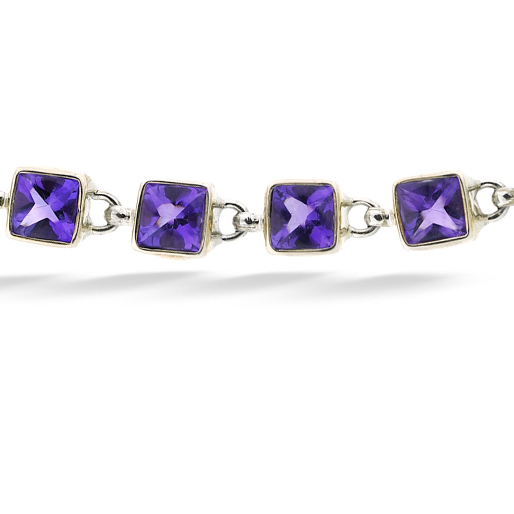 Silver bracelet with purple square gemstones on a white background Square Amethyst Bracelet by Acleoni